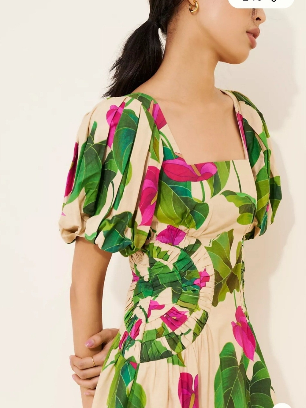 FARMRIO Square-Neck Floral Puff-Sleeve Mini Dress in Pink & Green - Picture 5 of 8
